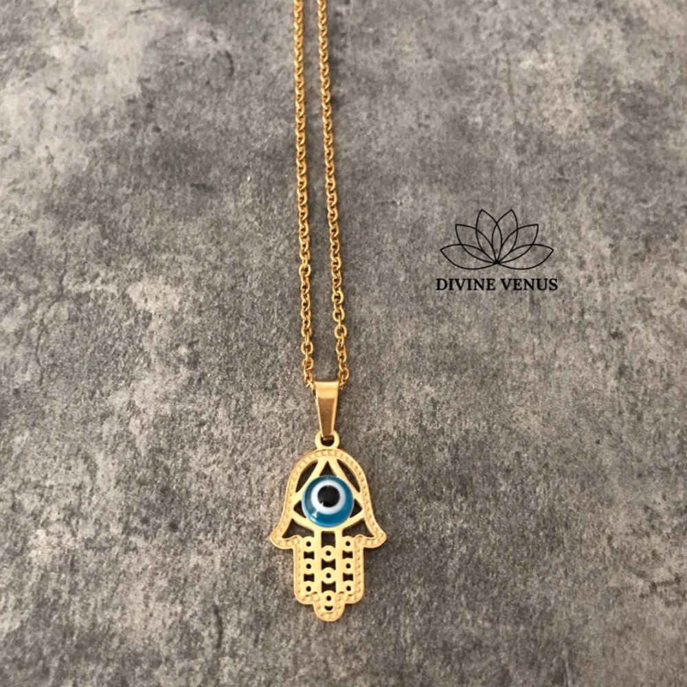 Evil Eye Hamsa Necklace | Gold Plated Stainless Steel | Handmade - Picture 6 of 7